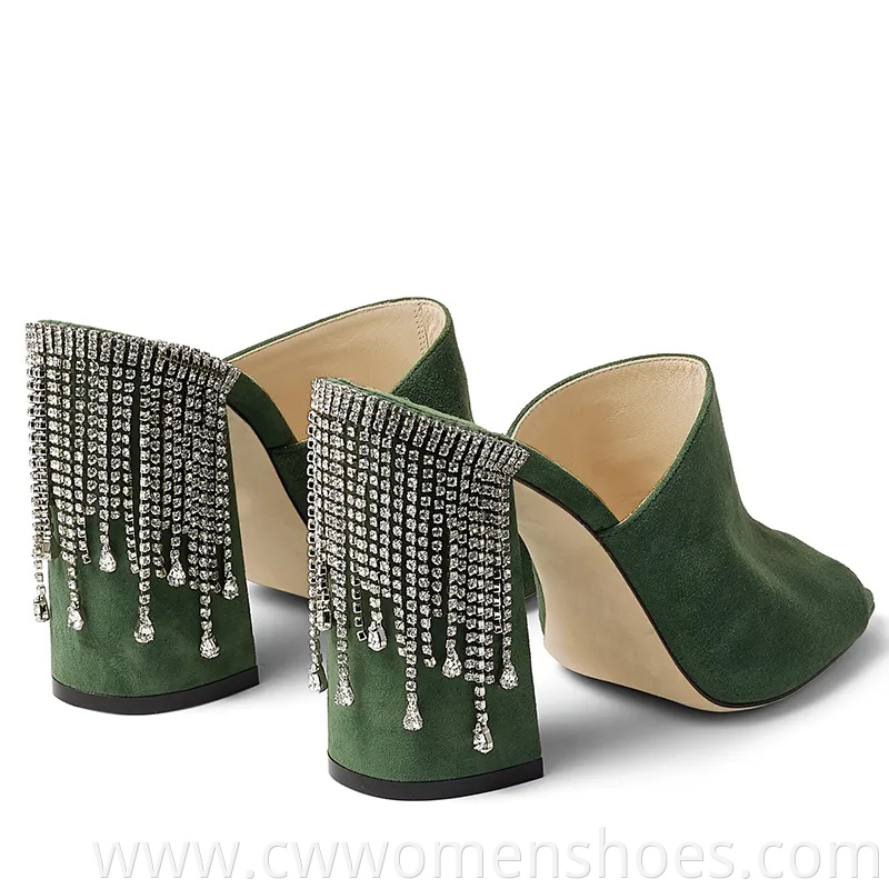 Large Size High Heels Women Silver Block Heel Mules with Crystal Drape